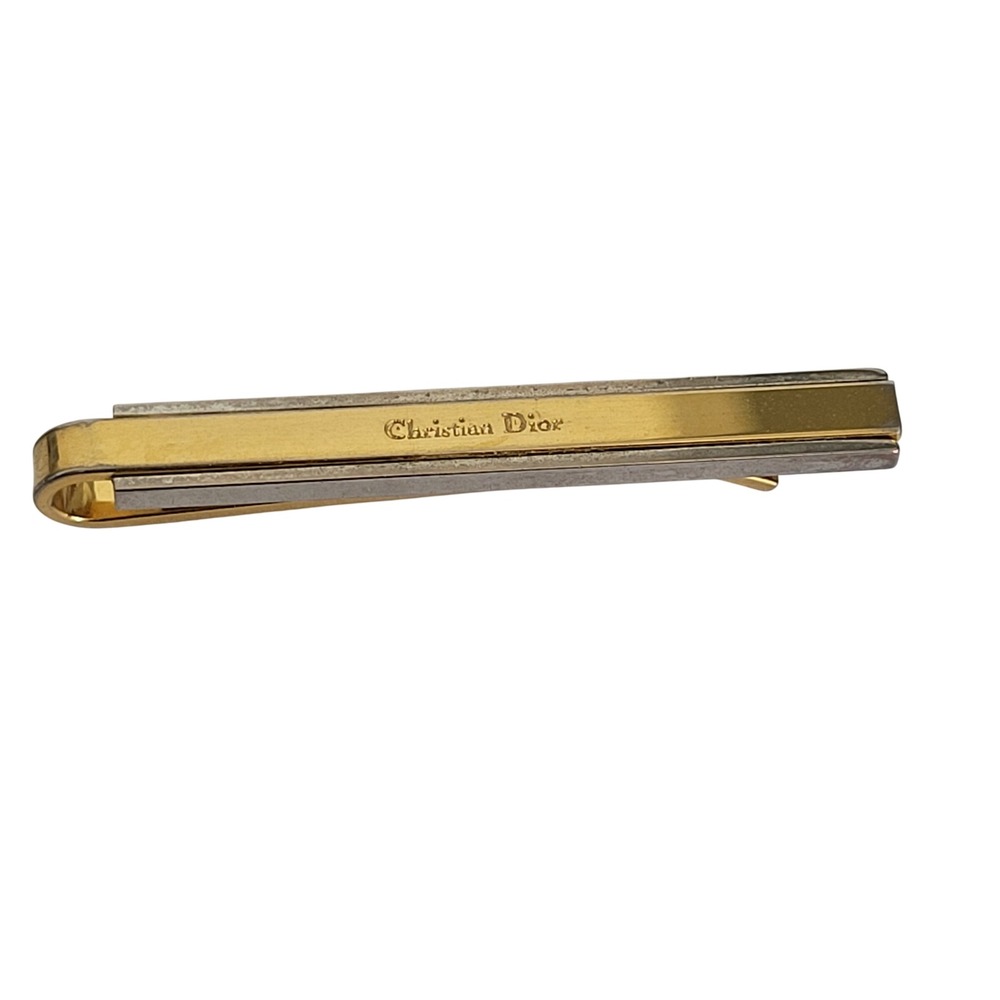 Christian Dior Vintage Tie Clip Two Tone Gold Silver Logo Mens Accessory